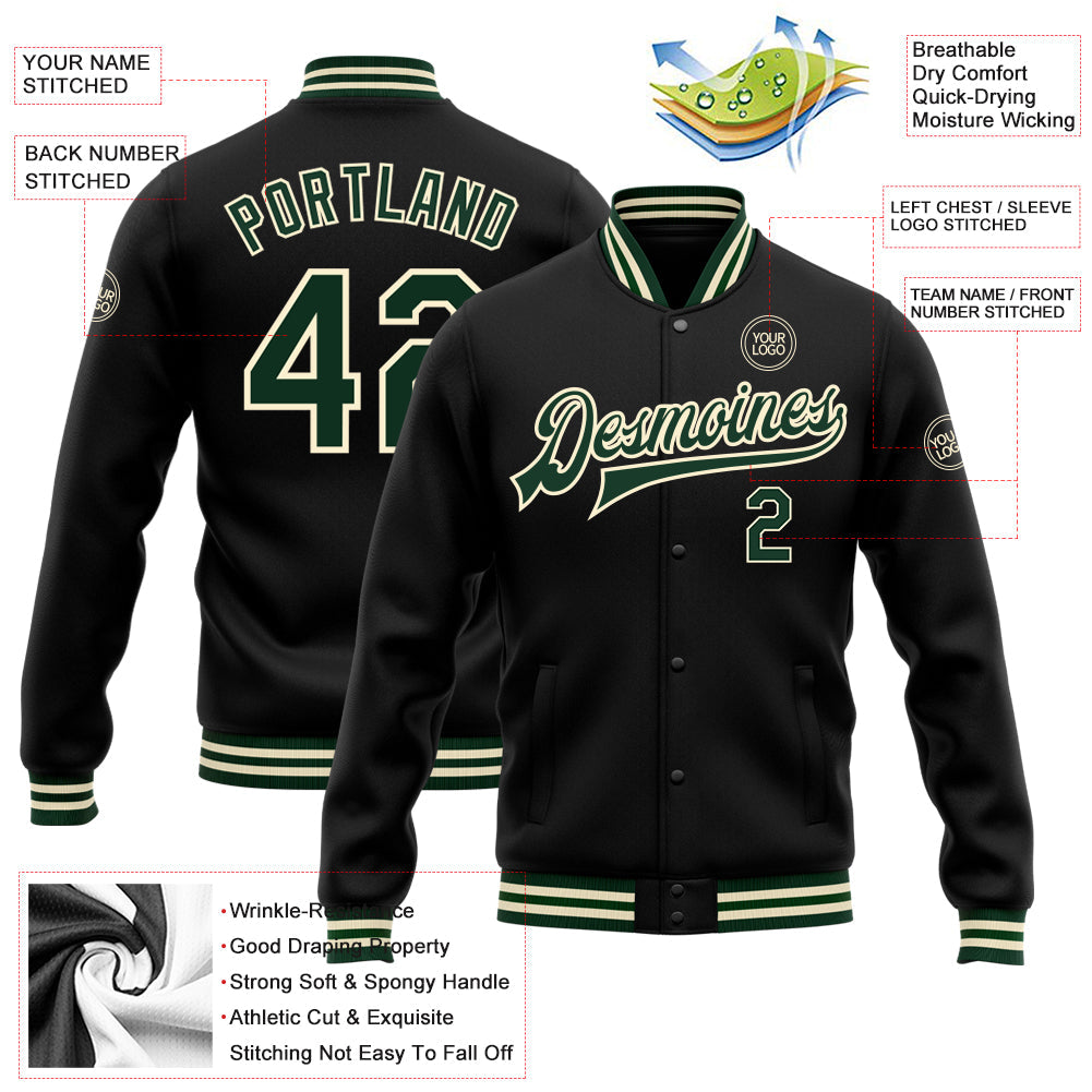 Custom Black Green-Cream Bomber Full-Snap Varsity Letterman Jacket view 5