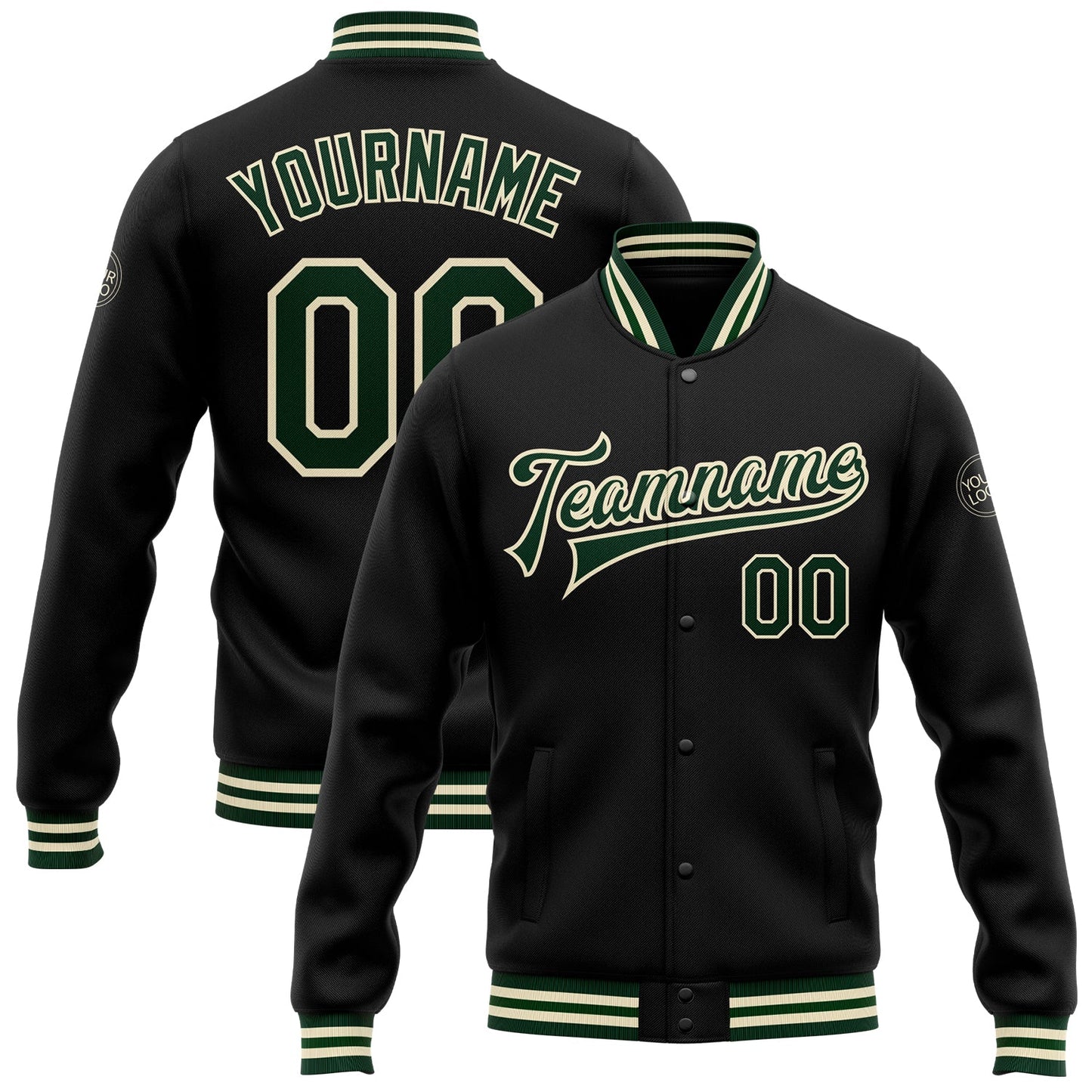 Custom Black Green-Cream Bomber Full-Snap Varsity Letterman Jacket - Main View