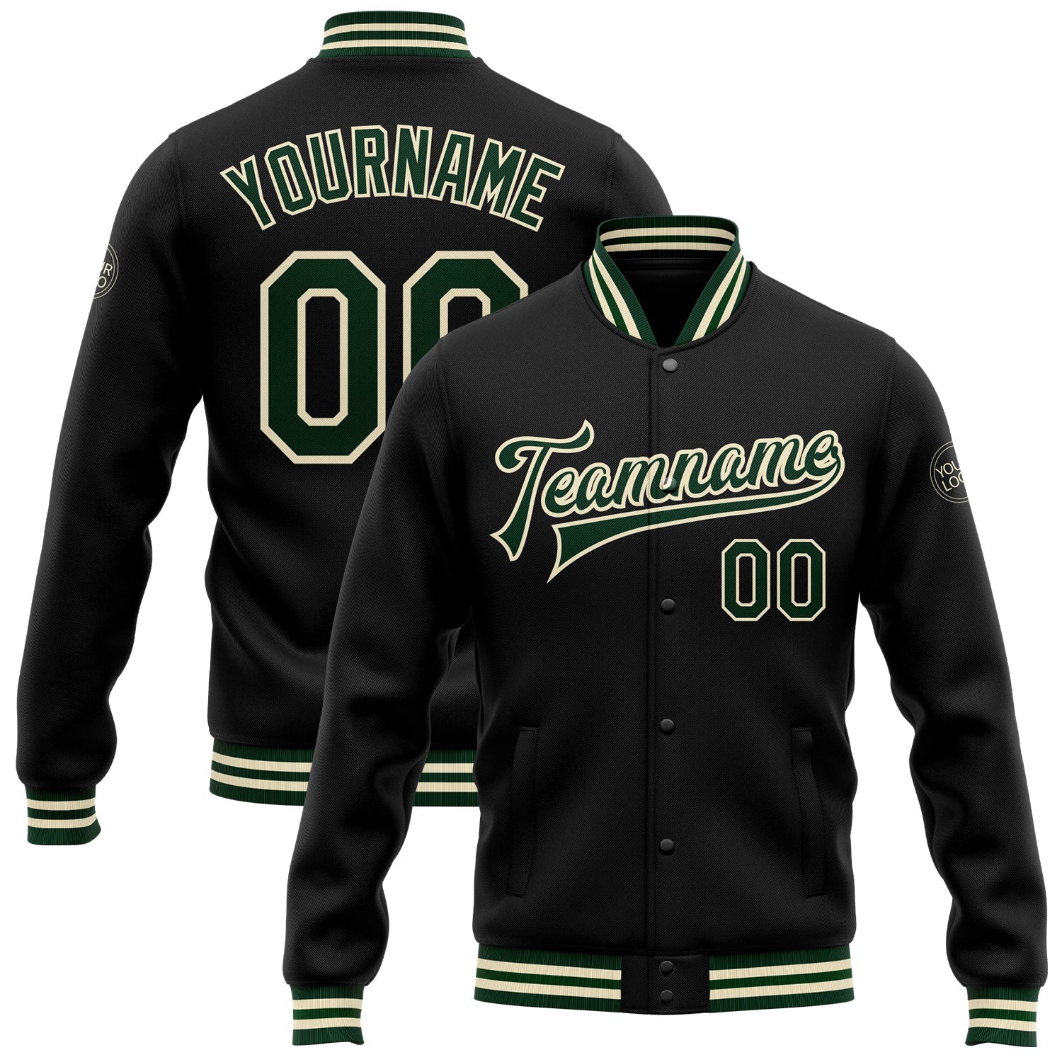 Custom Black Green-Cream Bomber Full-Snap Varsity Letterman Jacket - Main View