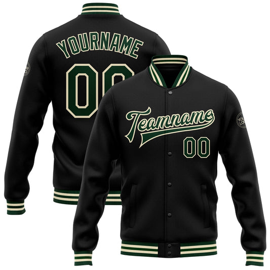 Custom Black Green-Cream Bomber Full-Snap Varsity Letterman Jacket - Main View