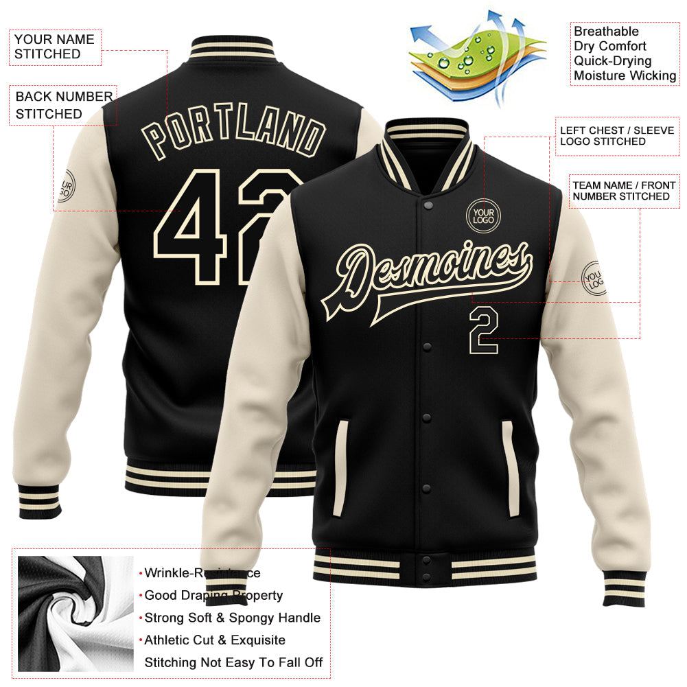 Custom Black Black-Cream Bomber Full-Snap Varsity Letterman Two Tone Jacket view 5