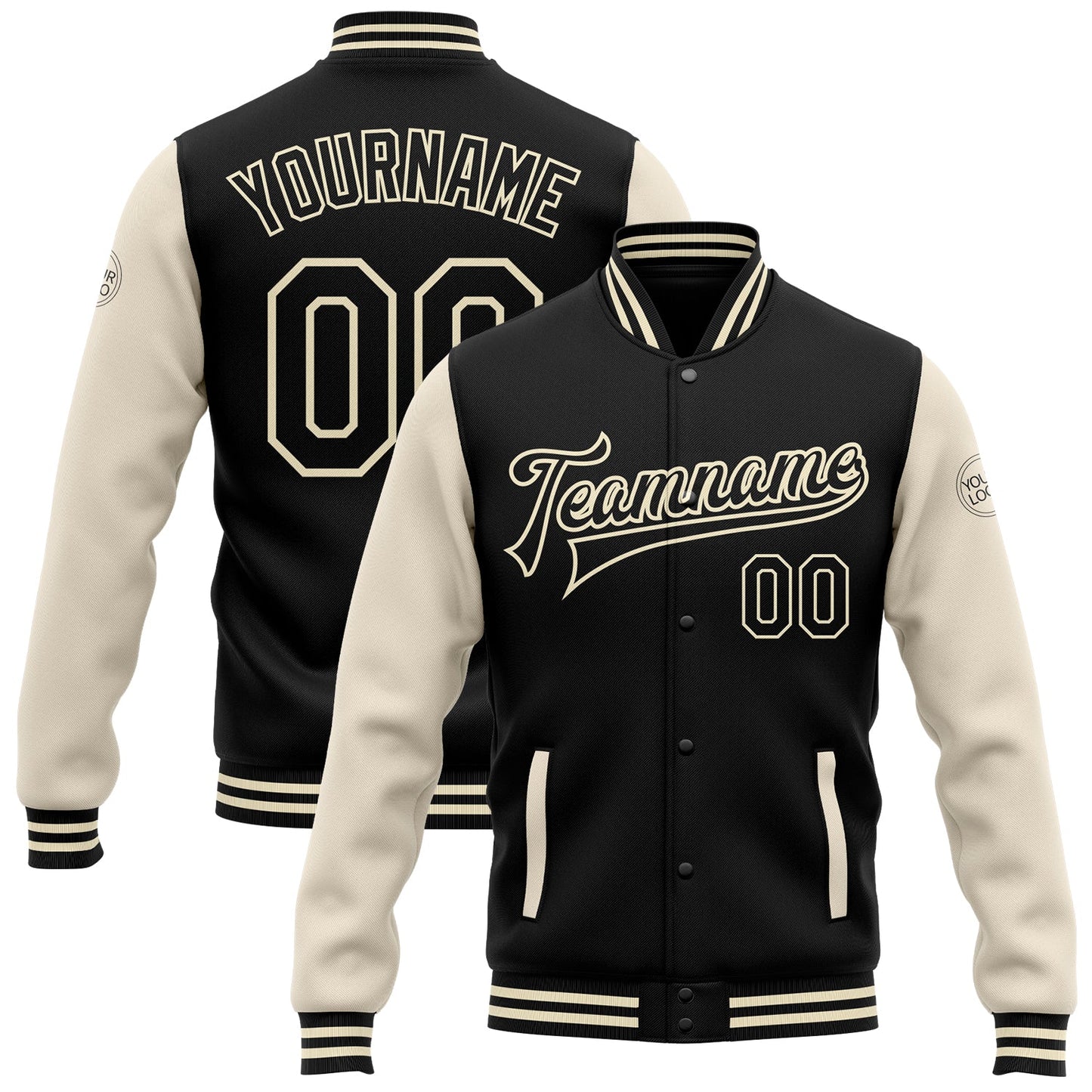 Custom Black Black-Cream Bomber Full-Snap Varsity Letterman Two Tone Jacket - Main View