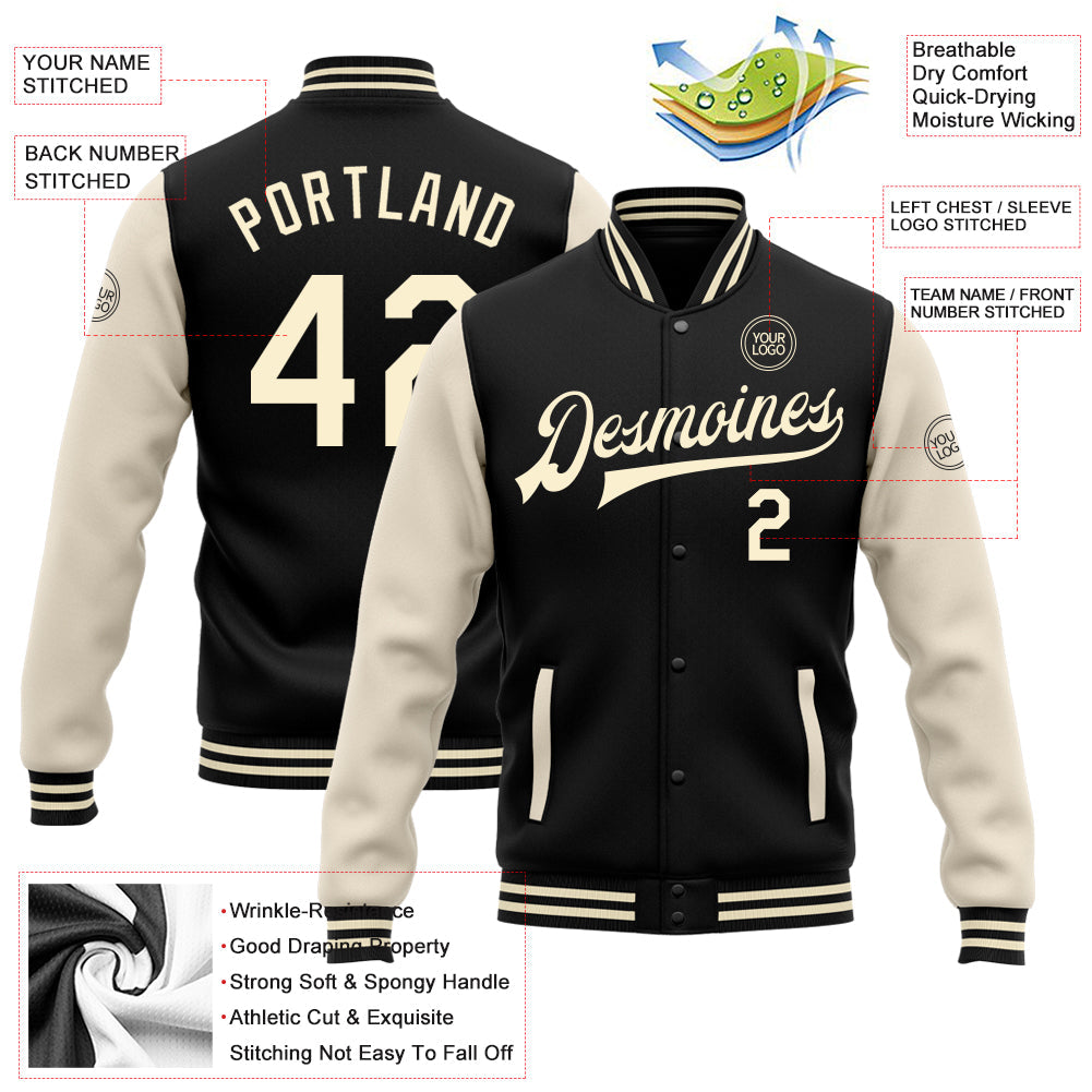 Custom Black Cream Bomber Full-Snap Varsity Letterman Two Tone Jacket view 5
