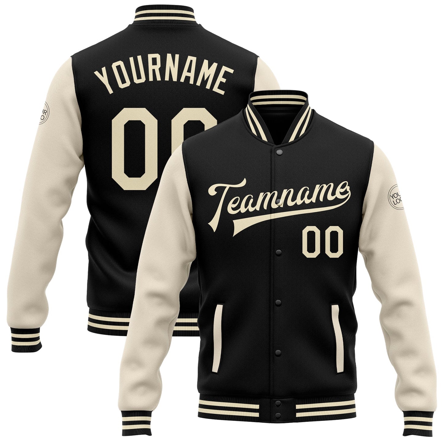 Custom Black Cream Bomber Full-Snap Varsity Letterman Two Tone Jacket - Main View