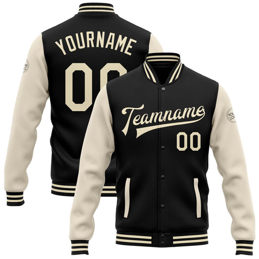 Custom Black Cream Bomber Full-Snap Varsity Letterman Two Tone Jacket - Main View