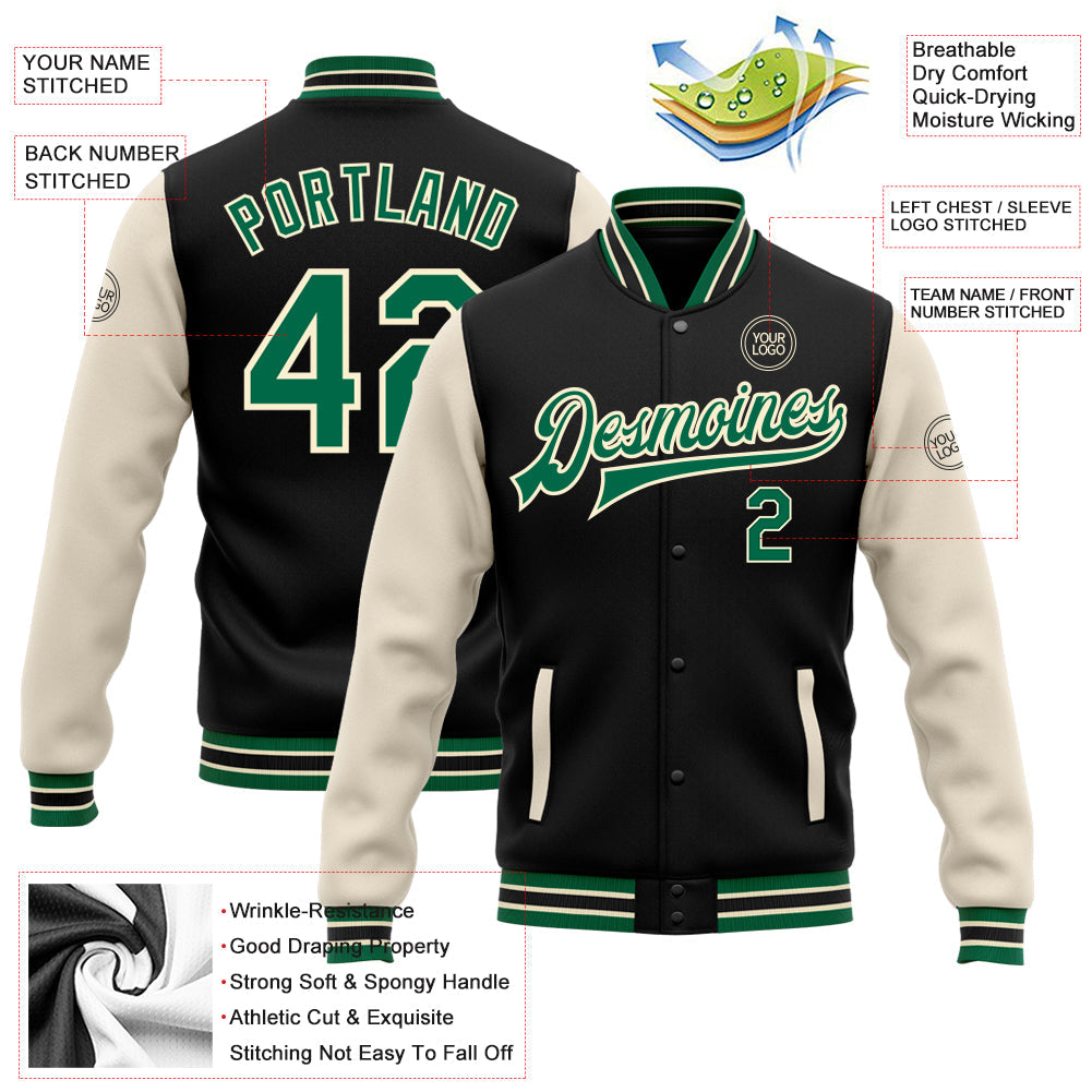 Custom Black Kelly Green-Cream Bomber Full-Snap Varsity Letterman Two Tone Jacket view 5