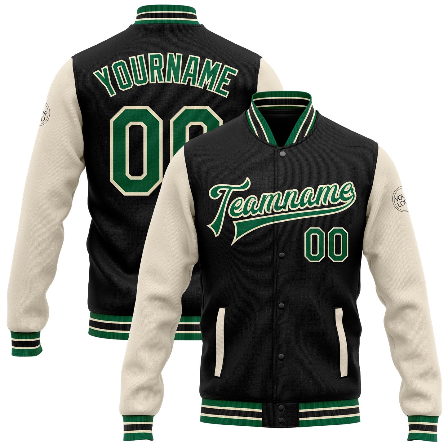 Custom Black Kelly Green-Cream Bomber Full-Snap Varsity Letterman Two Tone Jacket - Main View