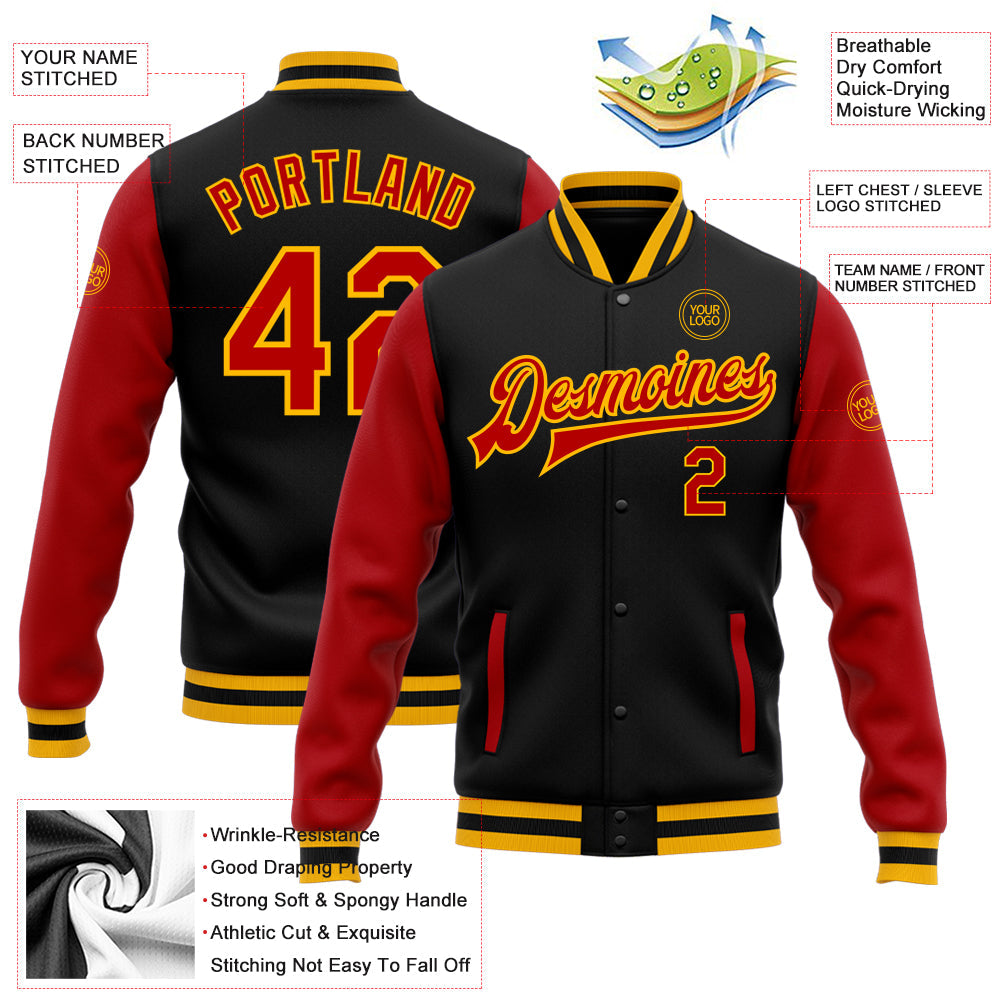Custom Black Red-Gold Bomber Full-Snap Varsity Letterman Two Tone Jacket view 5