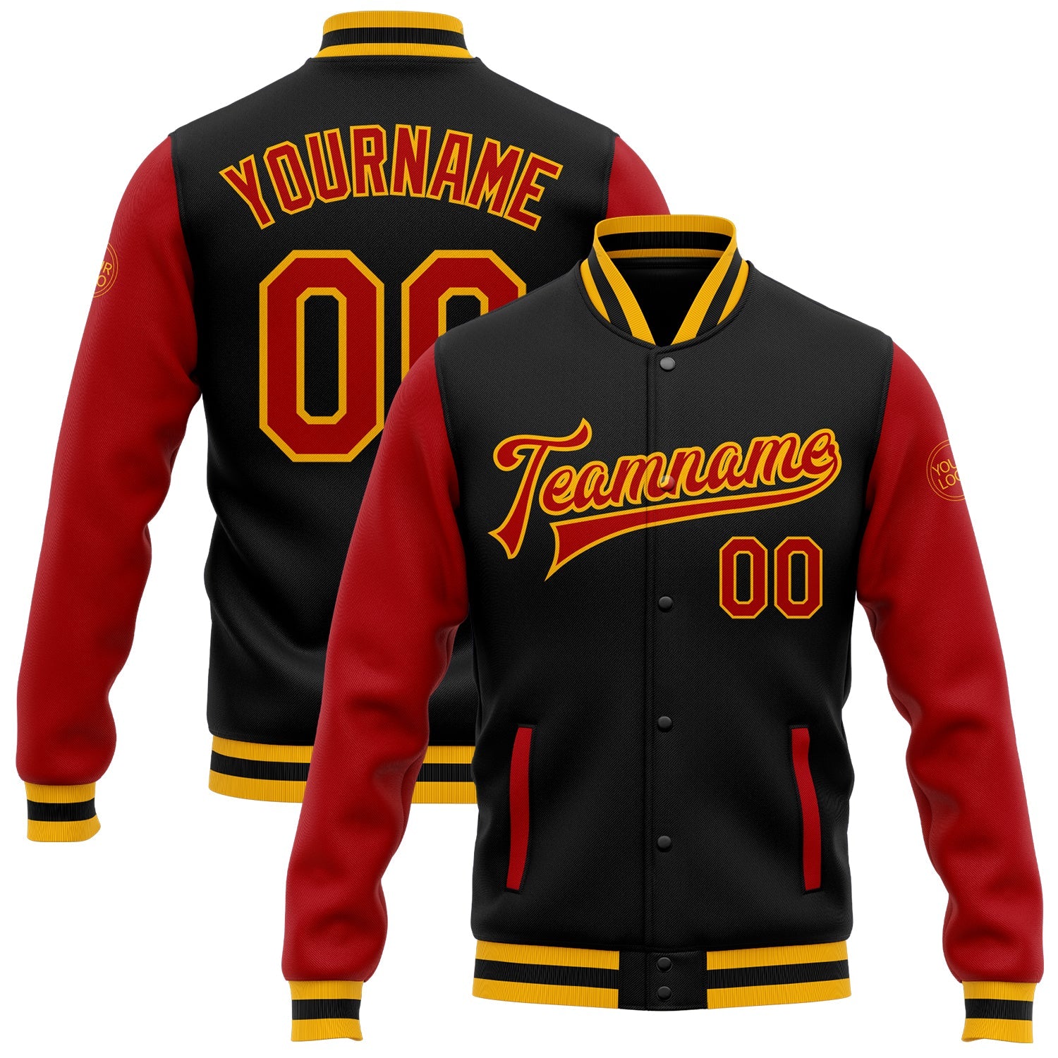 Custom Black Red-Gold Bomber Full-Snap Varsity Letterman Two Tone Jacket - Main View