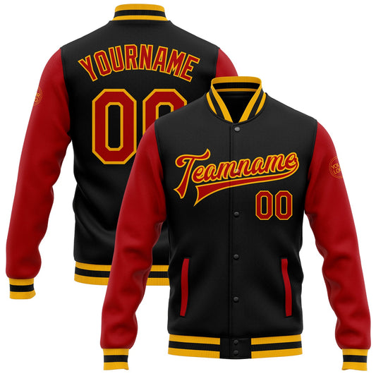 Custom Black Red-Gold Bomber Full-Snap Varsity Letterman Two Tone Jacket - Main View