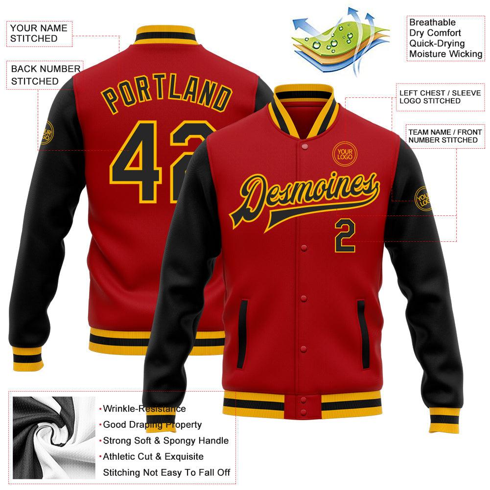 Custom Red Black-Gold Bomber Full-Snap Varsity Letterman Two Tone Jacket view 5