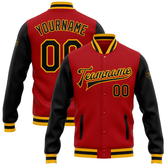 Custom Red Black-Gold Bomber Full-Snap Varsity Letterman Two Tone Jacket - Main View
