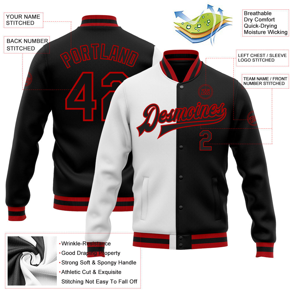 Custom White Black-Red Bomber Full-Snap Varsity Letterman Split Fashion Jacket view 5