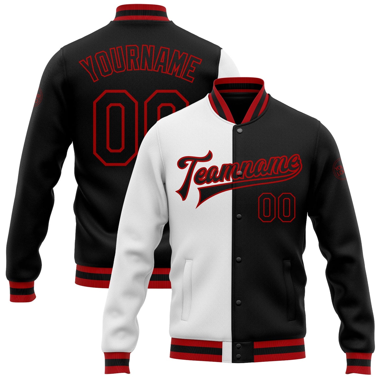 Custom White Black-Red Bomber Full-Snap Varsity Letterman Split Fashion Jacket - Main View