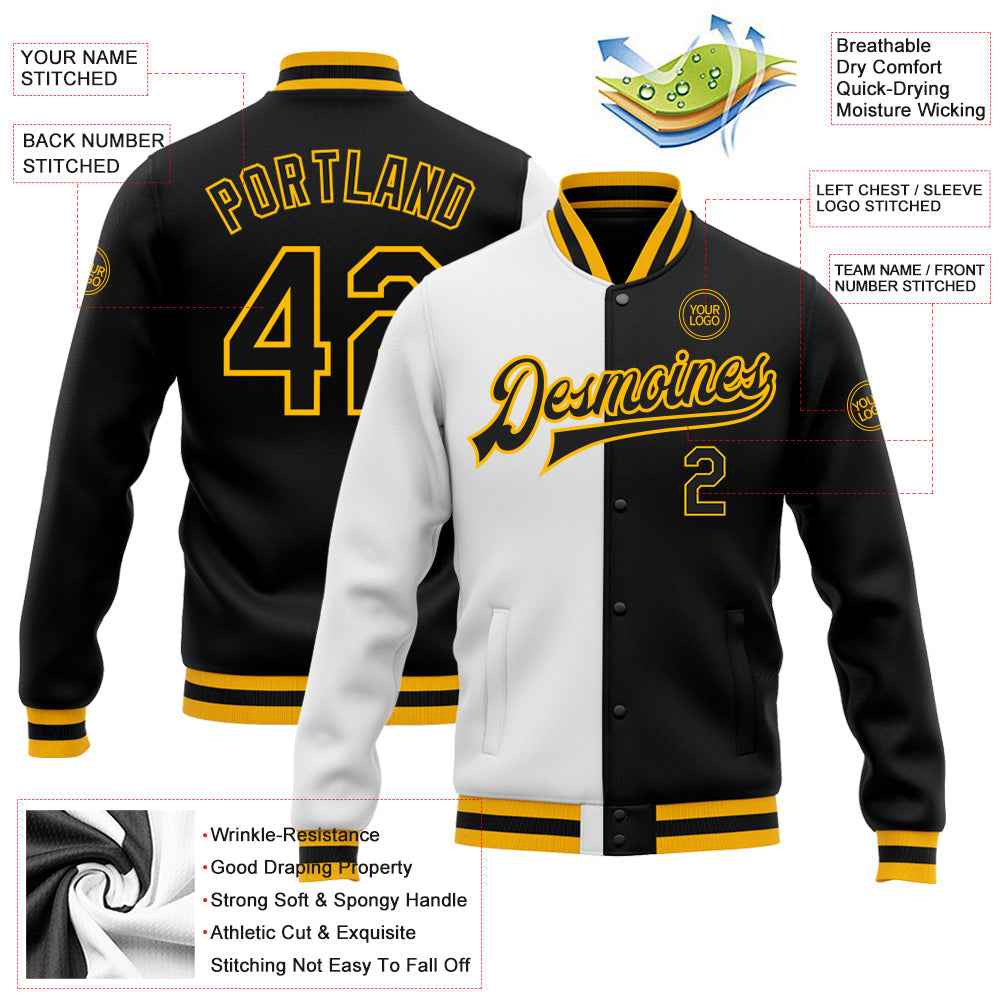 Custom White Black-Gold Bomber Full-Snap Varsity Letterman Split Fashion Jacket view 5
