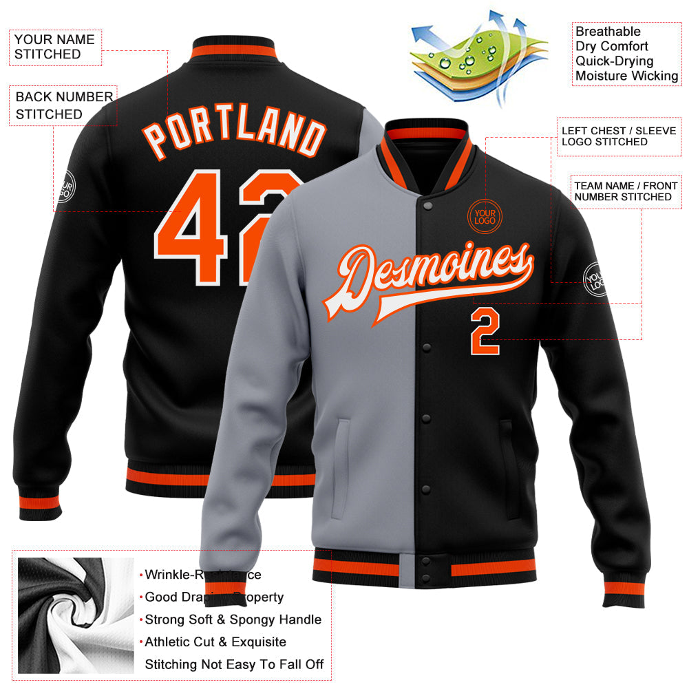 Custom Black Orange-Gray Bomber Full-Snap Varsity Letterman Split Fashion Jacket view 5