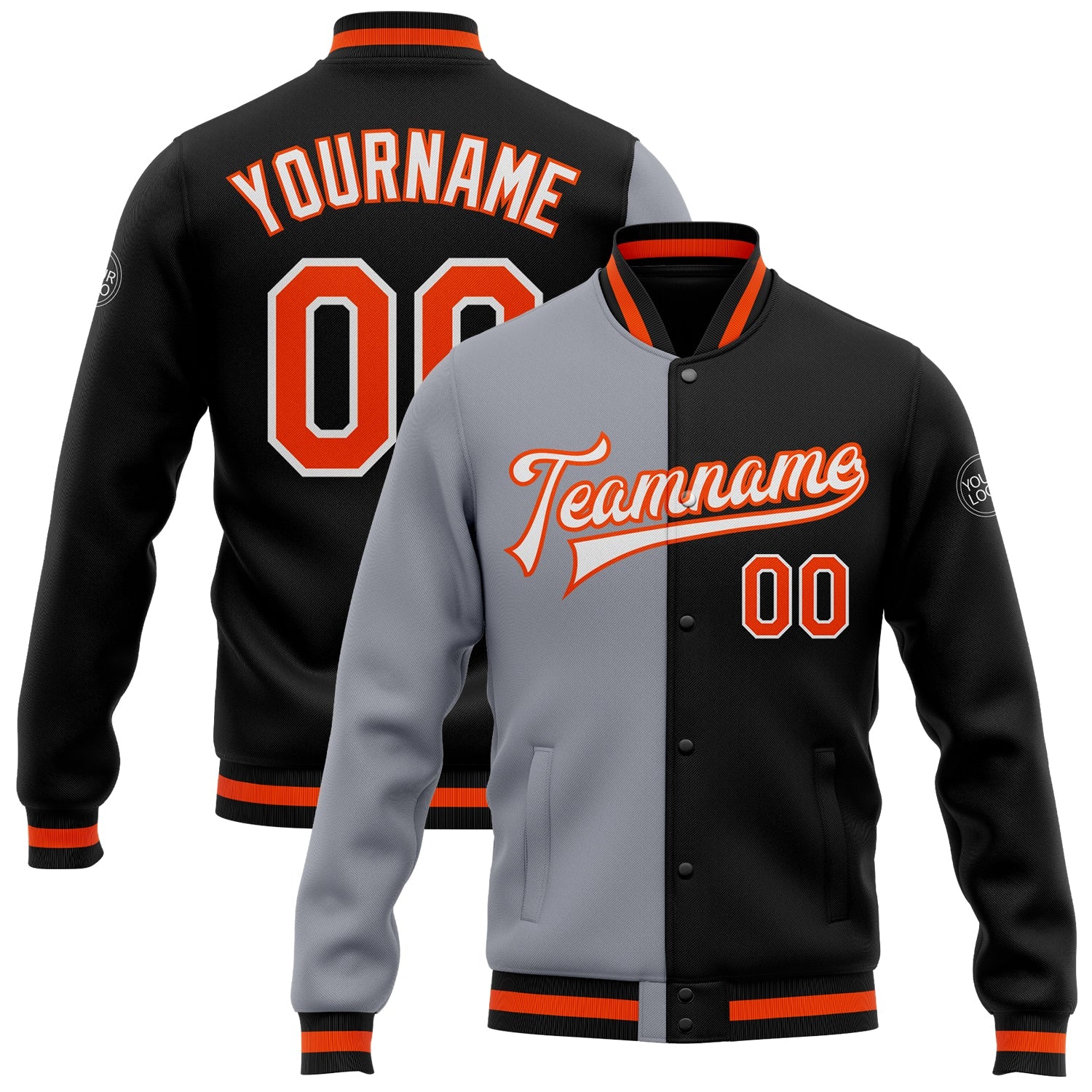 Custom Black Orange-Gray Bomber Full-Snap Varsity Letterman Split Fashion Jacket - Main View