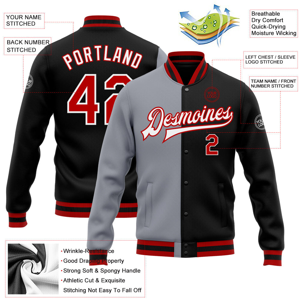 Custom Black Red-Gray Bomber Full-Snap Varsity Letterman Split Fashion Jacket view 5