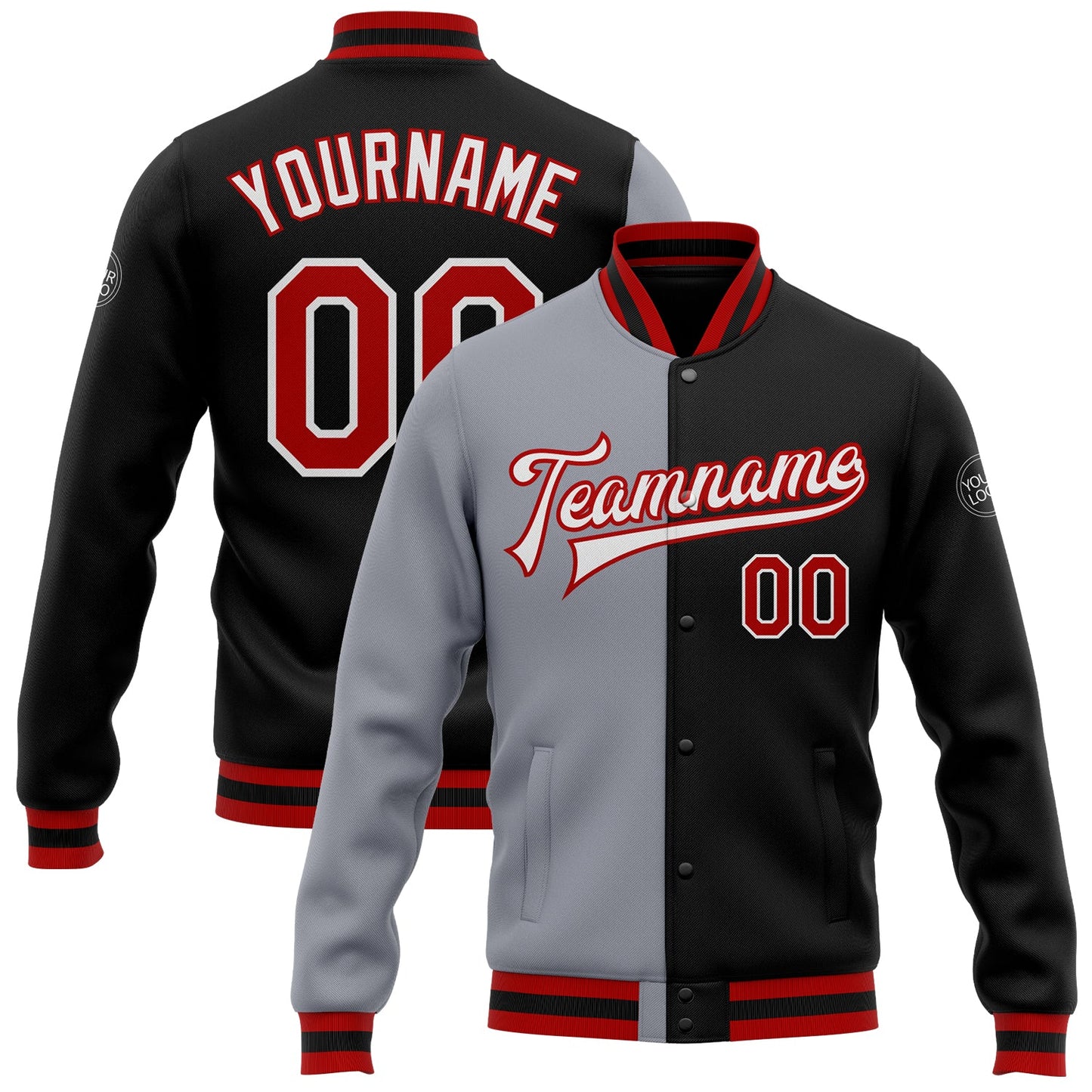Custom Black Red-Gray Bomber Full-Snap Varsity Letterman Split Fashion Jacket - Main View
