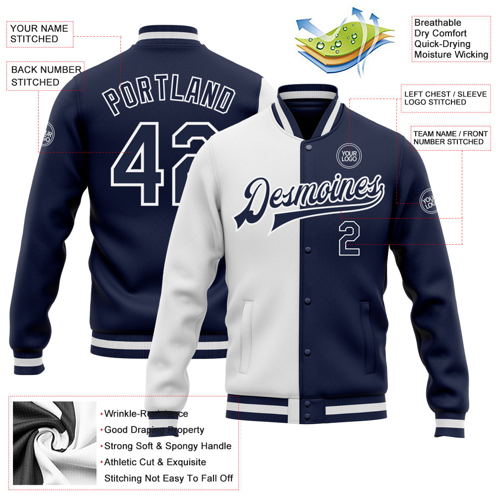 Custom White Navy Bomber Full-Snap Varsity Letterman Split Fashion Jacket view 5