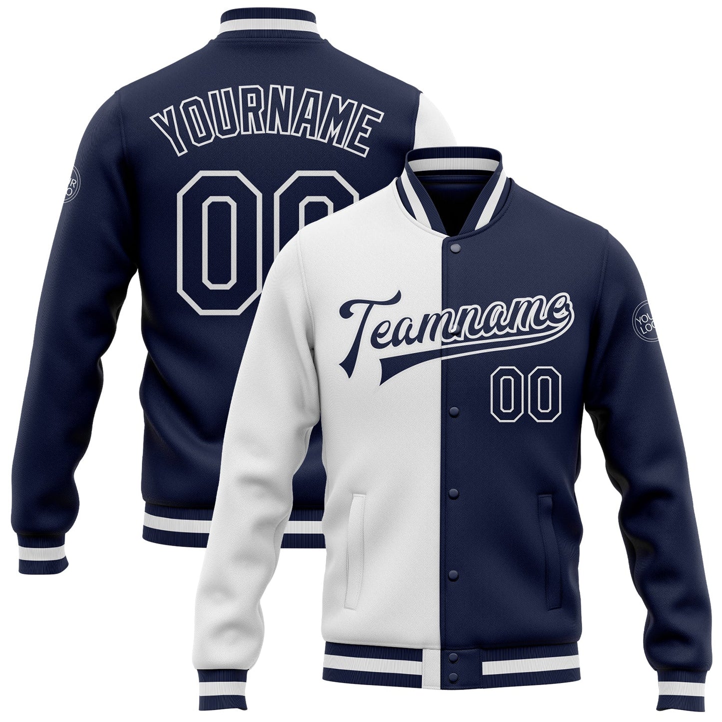 Custom White Navy Bomber Full-Snap Varsity Letterman Split Fashion Jacket - Main View