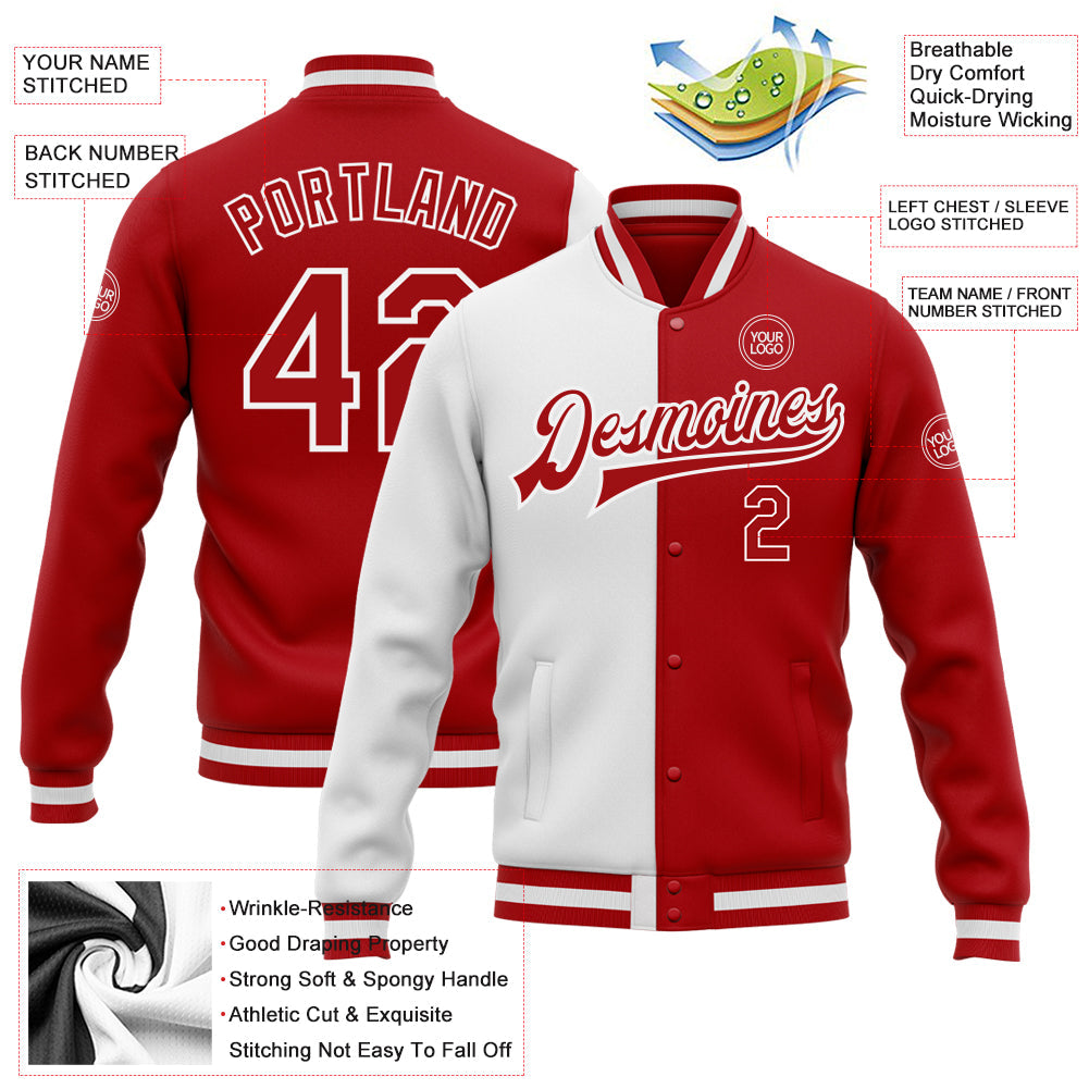 Custom White Red Bomber Full-Snap Varsity Letterman Split Fashion Jacket view 5