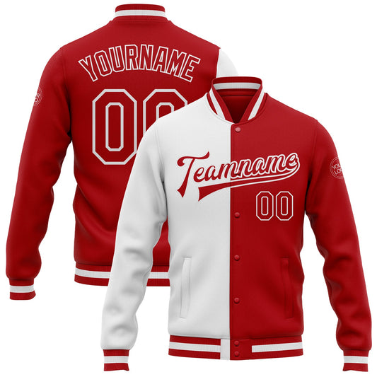 Custom White Red Bomber Full-Snap Varsity Letterman Split Fashion Jacket - Main View