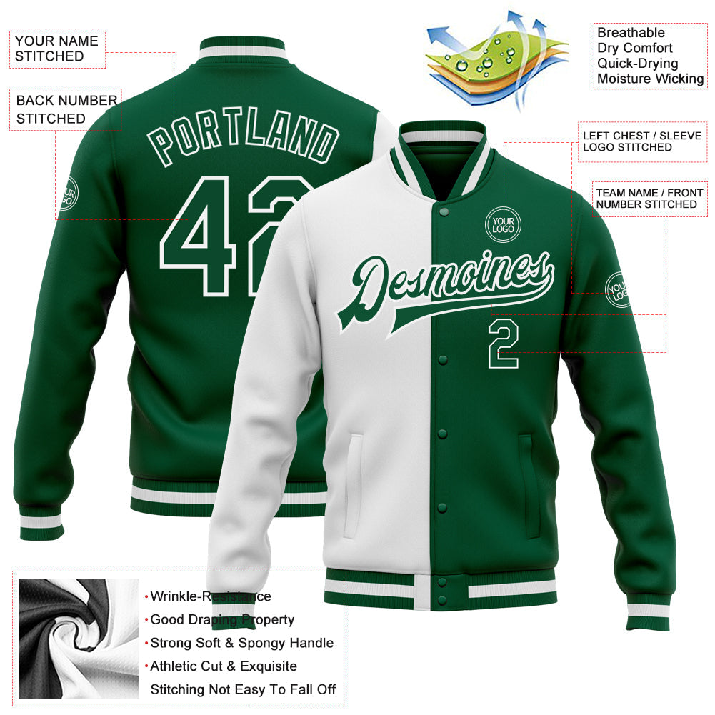Custom White Kelly Green Bomber Full-Snap Varsity Letterman Split Fashion Jacket view 5