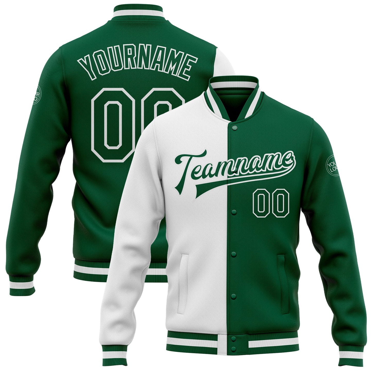 Custom White Kelly Green Bomber Full-Snap Varsity Letterman Split Fashion Jacket - Main View