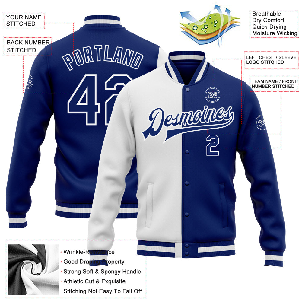 Custom White Royal Bomber Full-Snap Varsity Letterman Split Fashion Jacket view 5