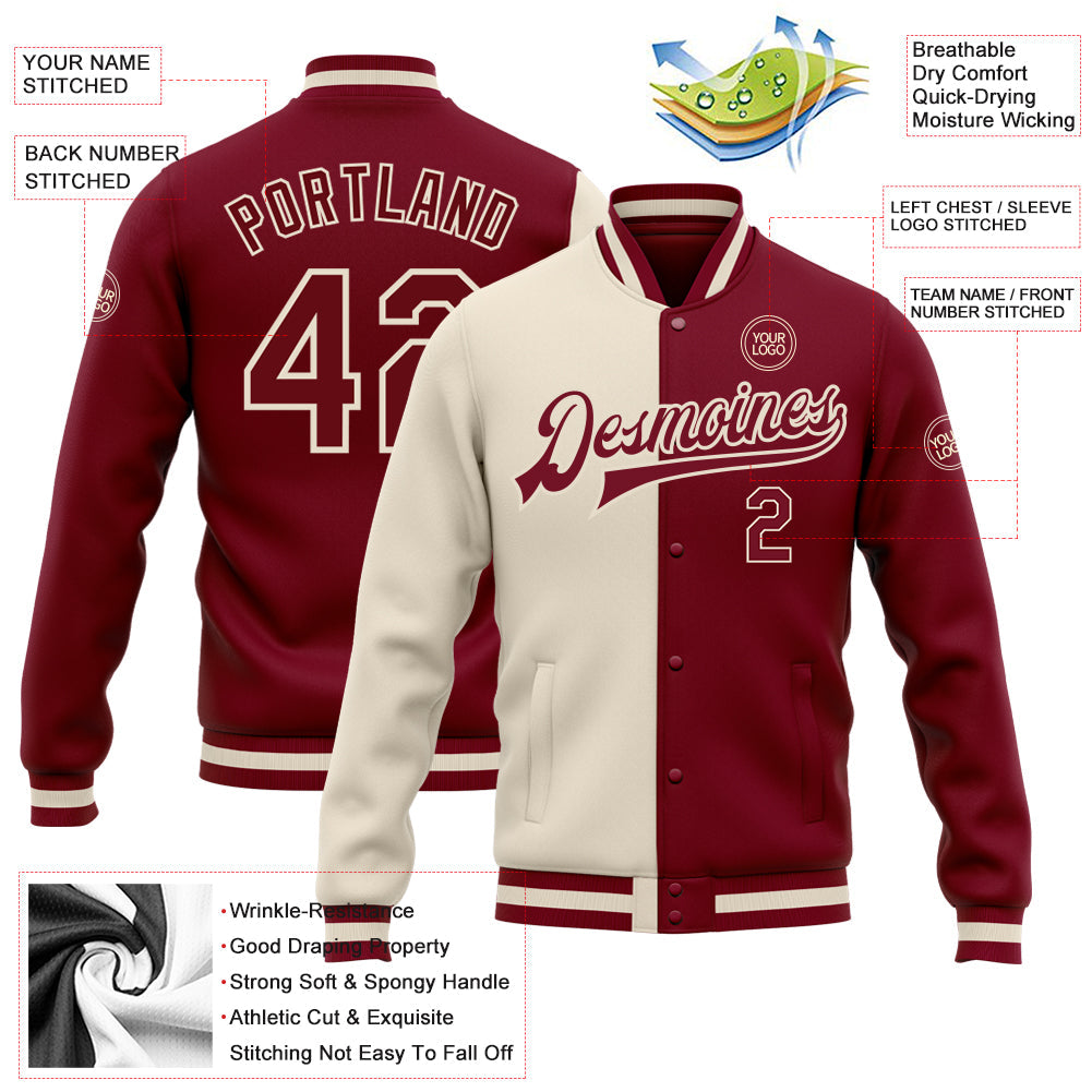 Custom Crimson Maroon-Cream Bomber Full-Snap Varsity Letterman Split Fashion Jacket view 5