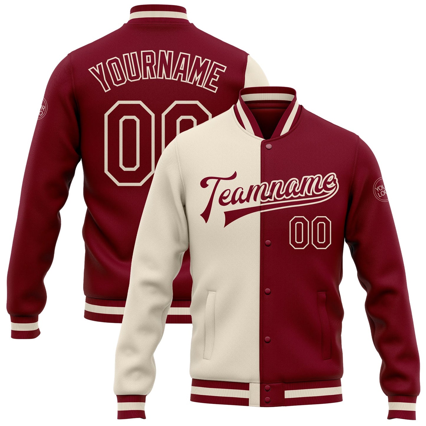 Custom Crimson Maroon-Cream Bomber Full-Snap Varsity Letterman Split Fashion Jacket - Main View