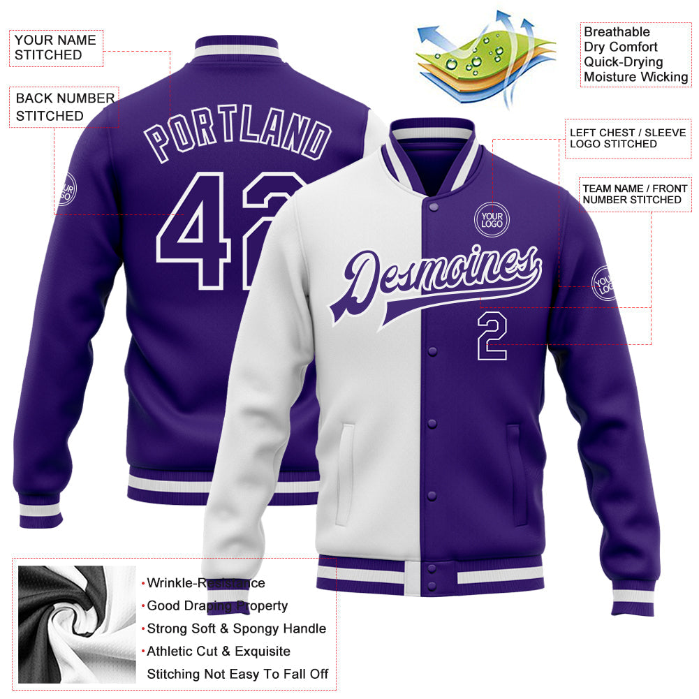 Custom White Purple Bomber Full-Snap Varsity Letterman Split Fashion Jacket view 5