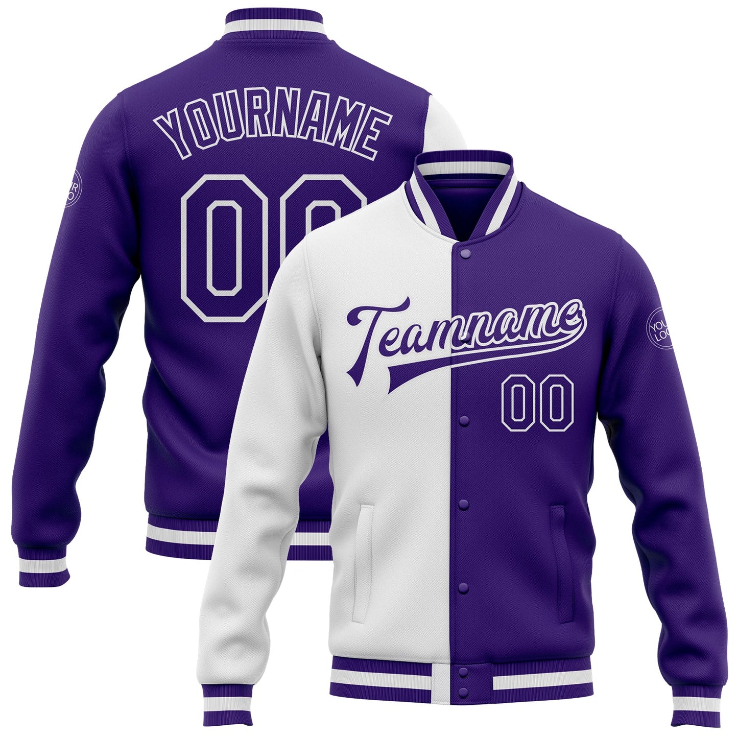 Custom White Purple Bomber Full-Snap Varsity Letterman Split Fashion Jacket - Main View