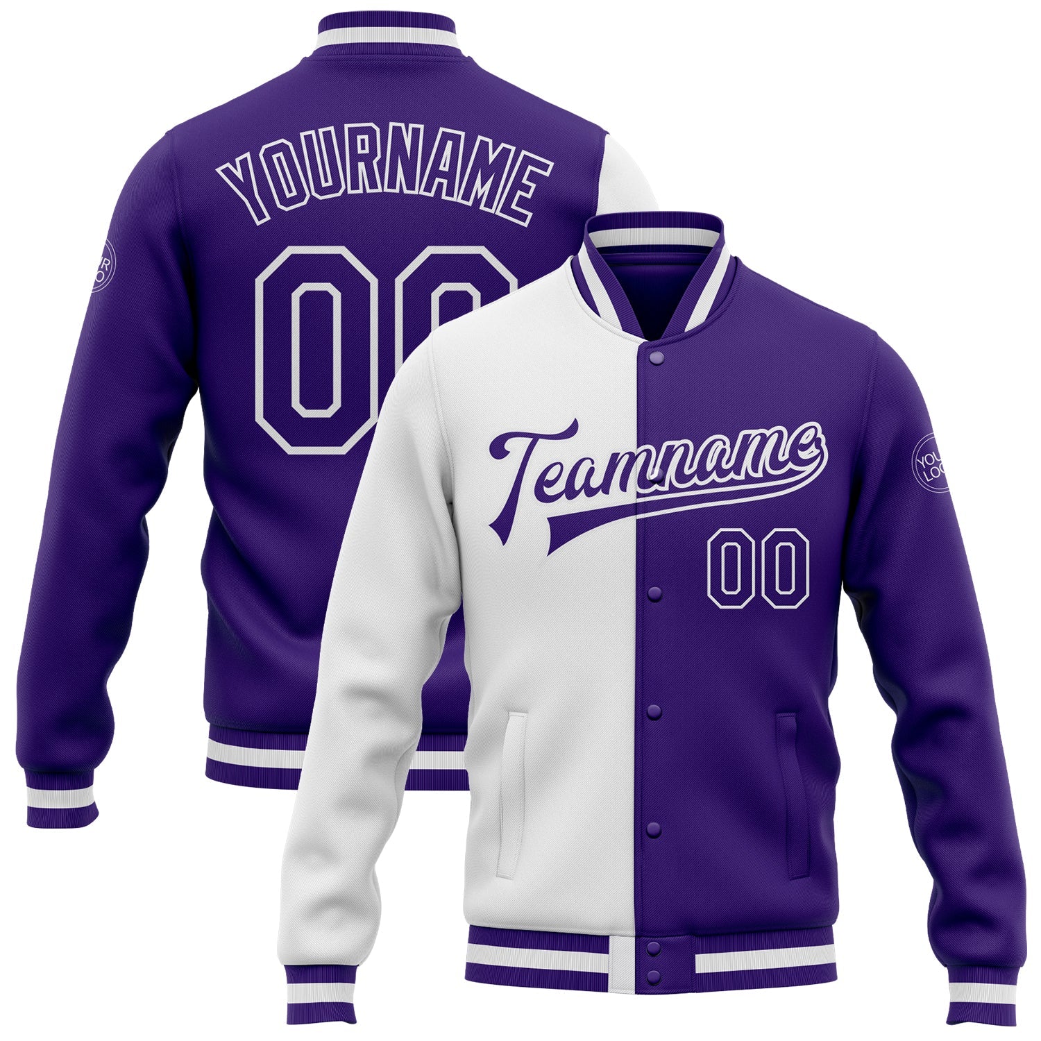 Custom White Purple Bomber Full-Snap Varsity Letterman Split Fashion Jacket - Main View
