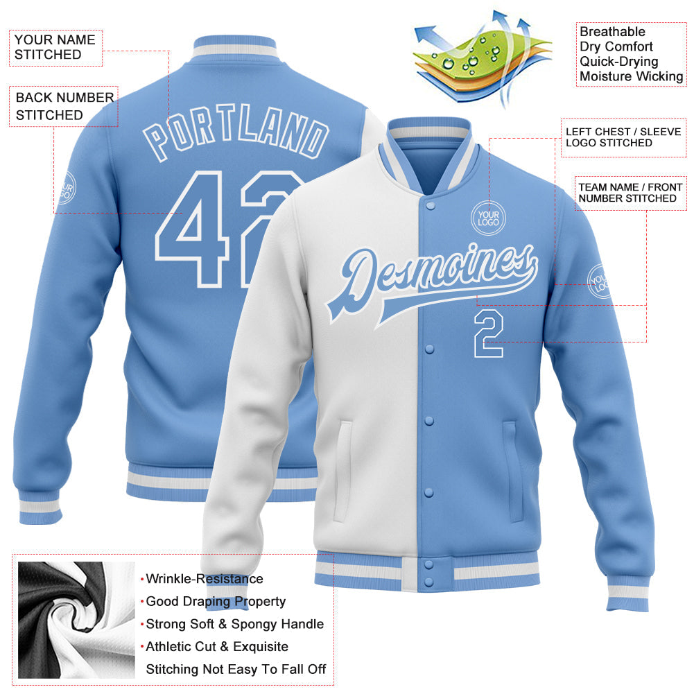 Custom White Light Blue Bomber Full-Snap Varsity Letterman Split Fashion Jacket view 5
