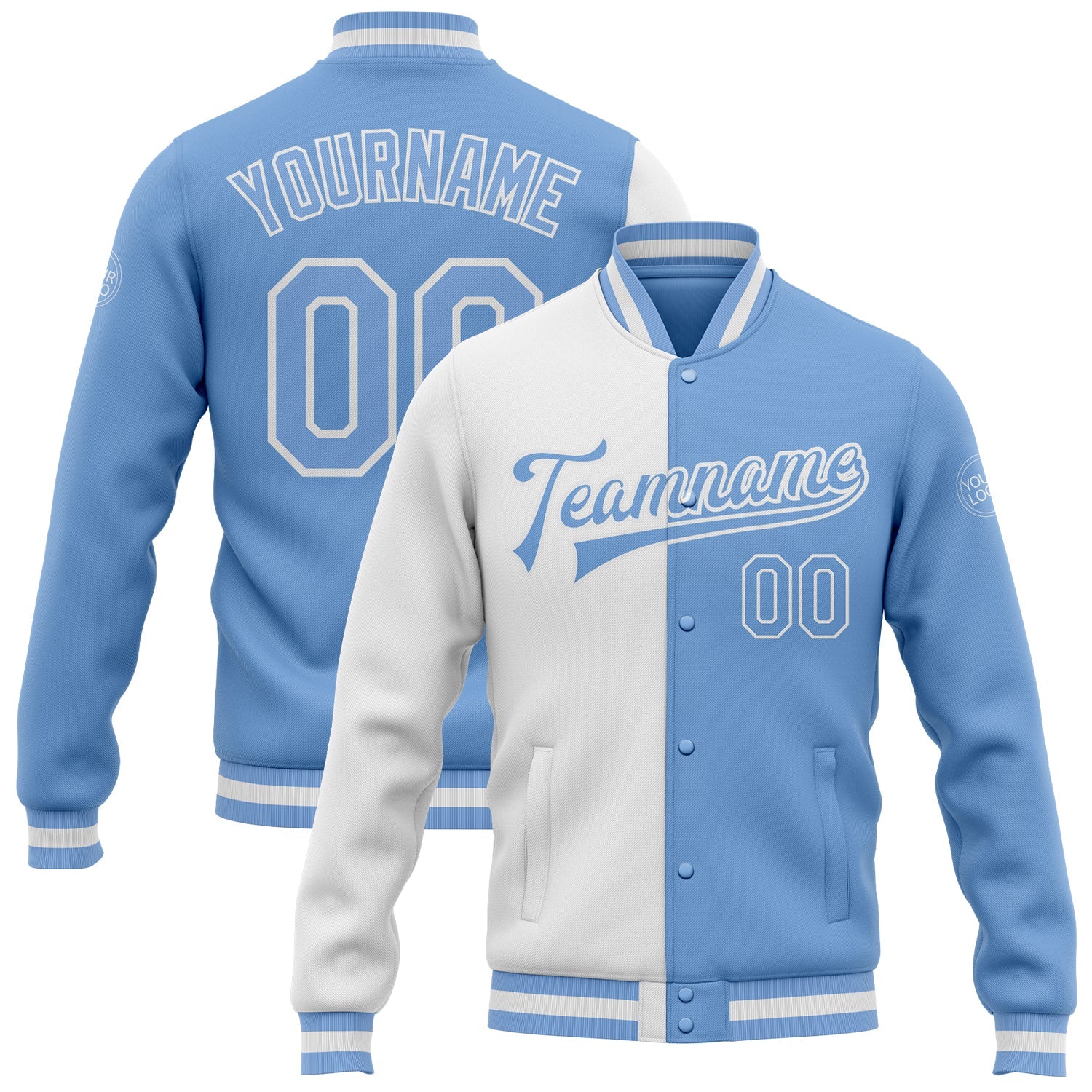 Custom White Light Blue Bomber Full-Snap Varsity Letterman Split Fashion Jacket - Main View