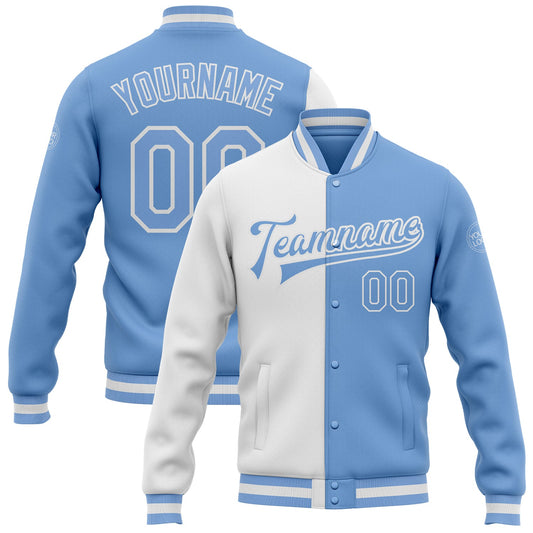 Custom White Light Blue Bomber Full-Snap Varsity Letterman Split Fashion Jacket - Main View