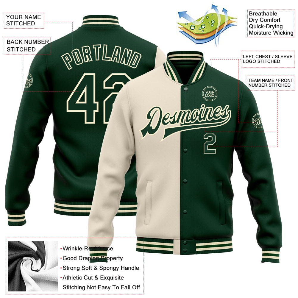 Custom Cream Green Bomber Full-Snap Varsity Letterman Split Fashion Jacket view 5