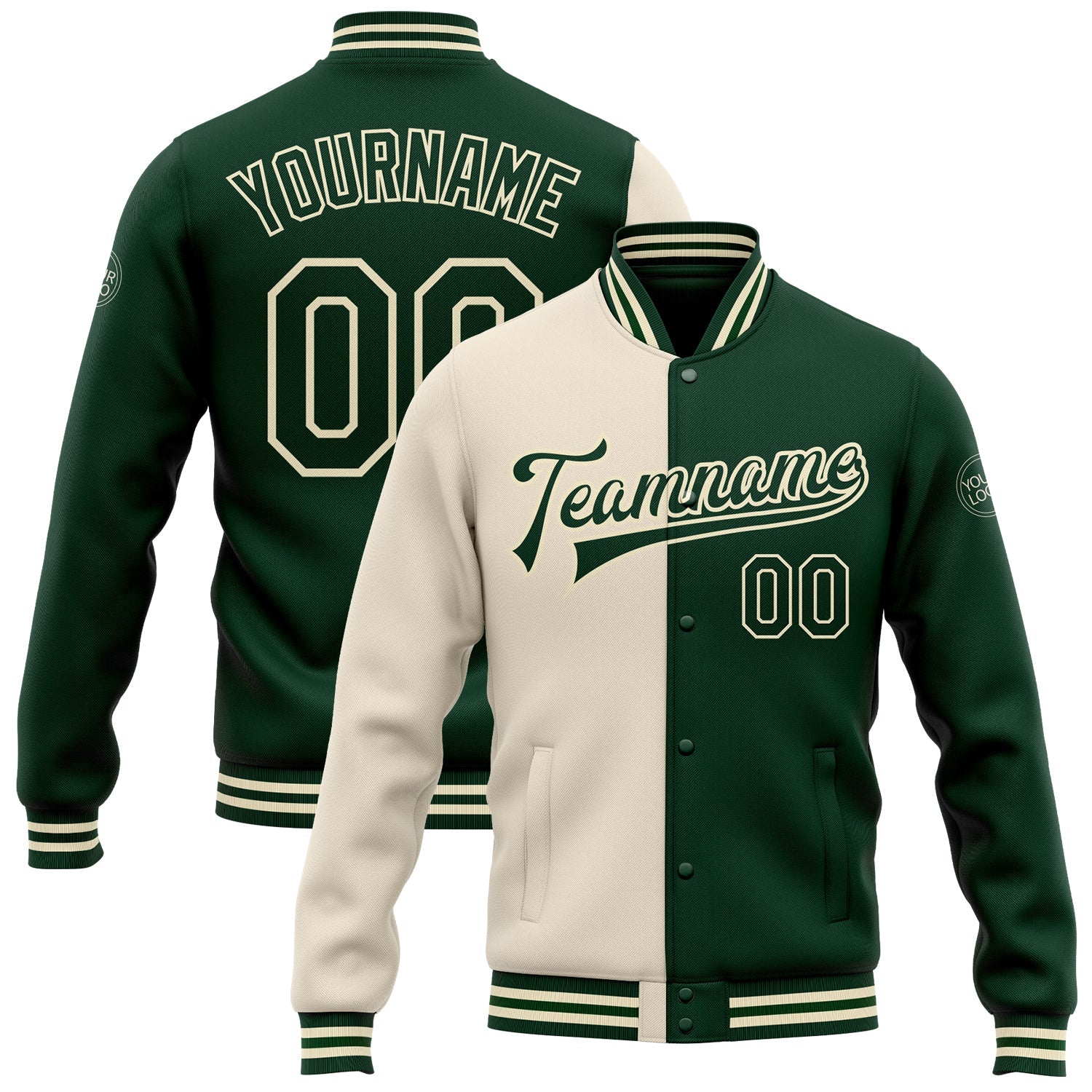 Custom Cream Green Bomber Full-Snap Varsity Letterman Split Fashion Jacket - Main View