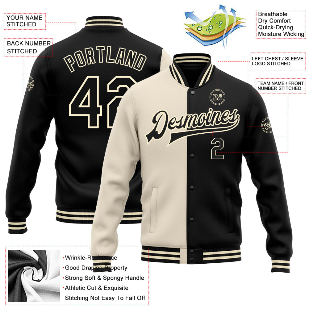 Custom Cream Black Bomber Full-Snap Varsity Letterman Split Fashion Jacket view 5