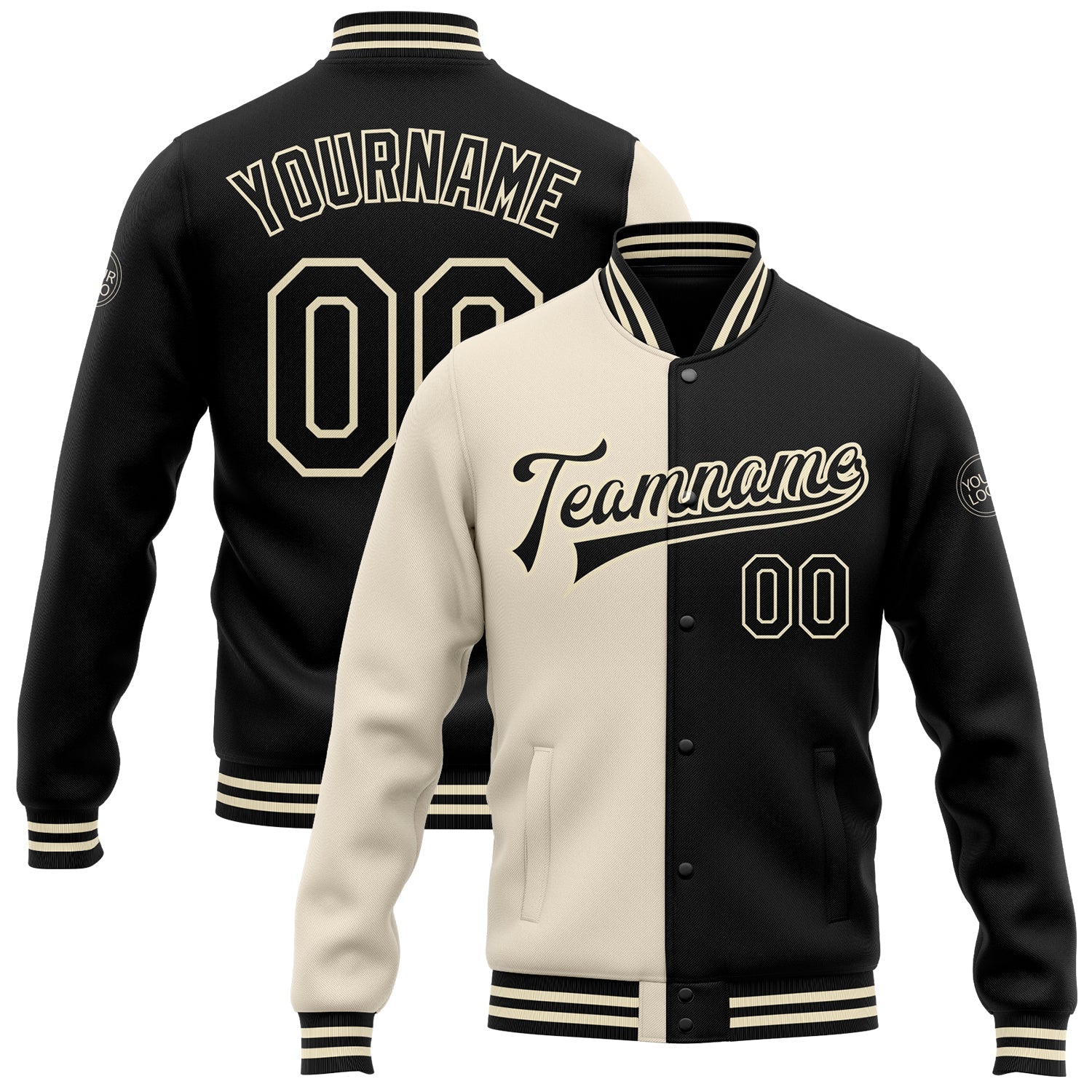 Custom Cream Black Bomber Full-Snap Varsity Letterman Split Fashion Jacket - Main View