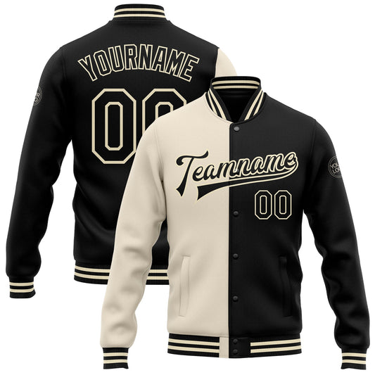 Custom Cream Black Bomber Full-Snap Varsity Letterman Split Fashion Jacket - Main View