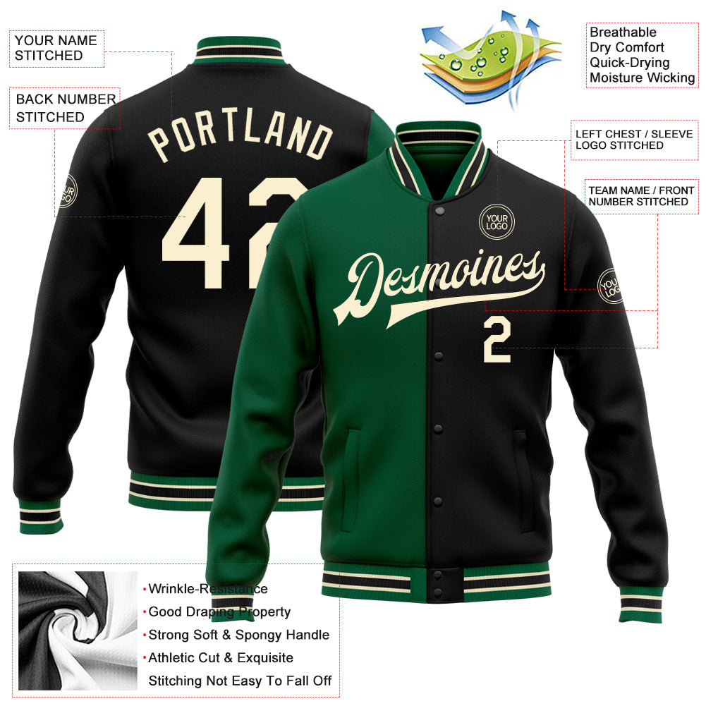 Custom Black Cream-Kelly Green Bomber Full-Snap Varsity Letterman Split Fashion Jacket view 5