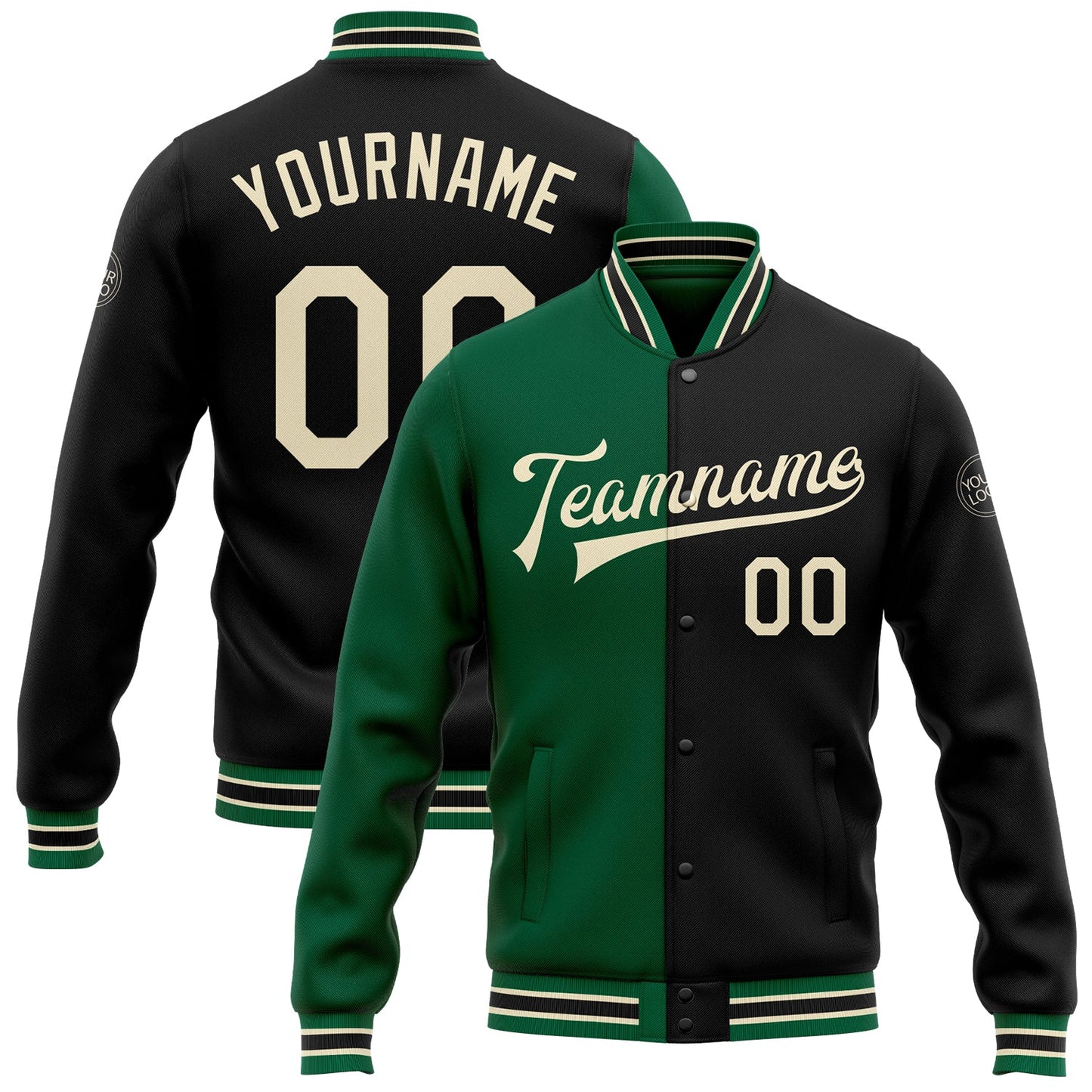 Custom Black Cream-Kelly Green Bomber Full-Snap Varsity Letterman Split Fashion Jacket - Main View