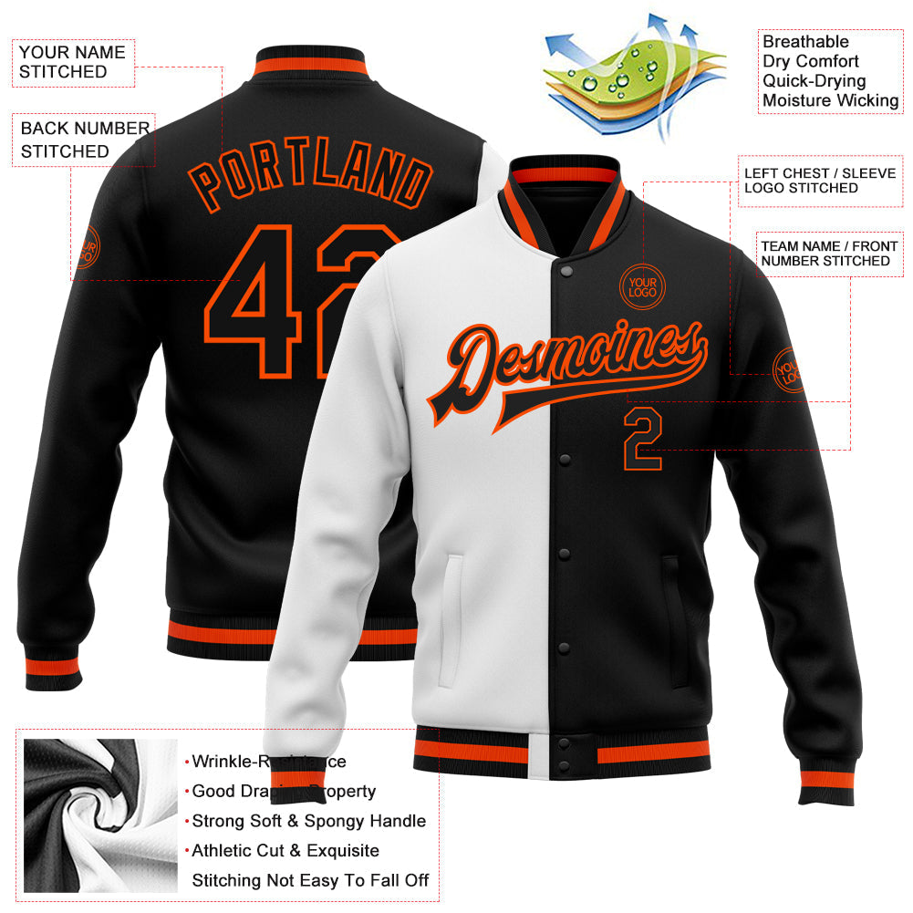 Custom White Black-Orange Bomber Full-Snap Varsity Letterman Split Fashion Jacket view 5