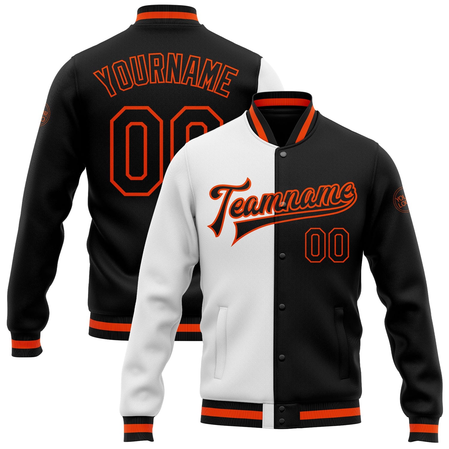 Custom White Black-Orange Bomber Full-Snap Varsity Letterman Split Fashion Jacket - Main View
