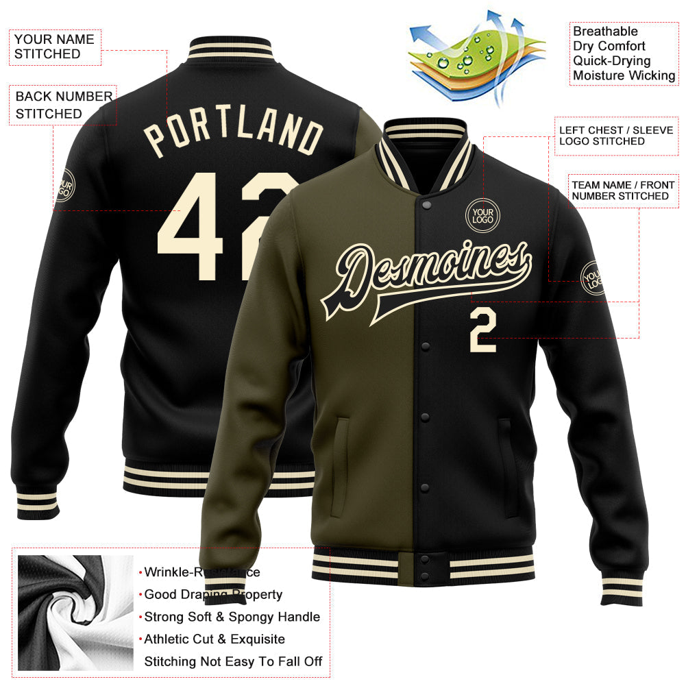 Custom Black Cream-Olive Bomber Full-Snap Varsity Letterman Split Fashion Jacket view 5