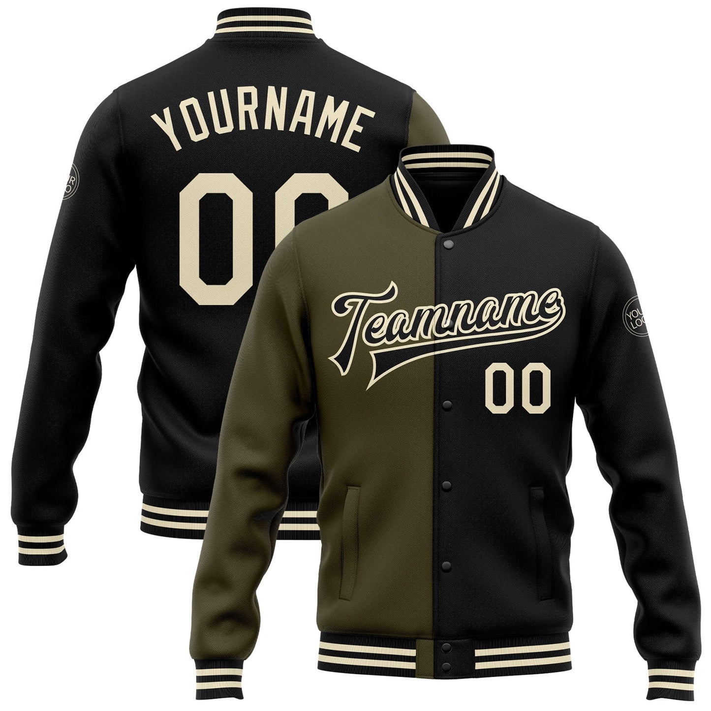 Custom Black Cream-Olive Bomber Full-Snap Varsity Letterman Split Fashion Jacket - Main View