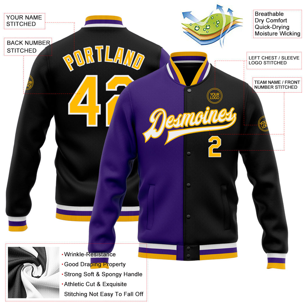 Custom Black Gold-Purple Bomber Full-Snap Varsity Letterman Split Fashion Jacket view 5